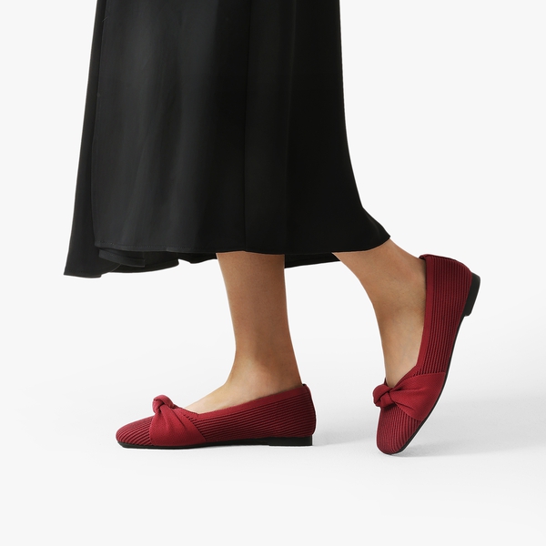  Elegant Square Toe Knit Bow Flats - BURGUNDY - 1