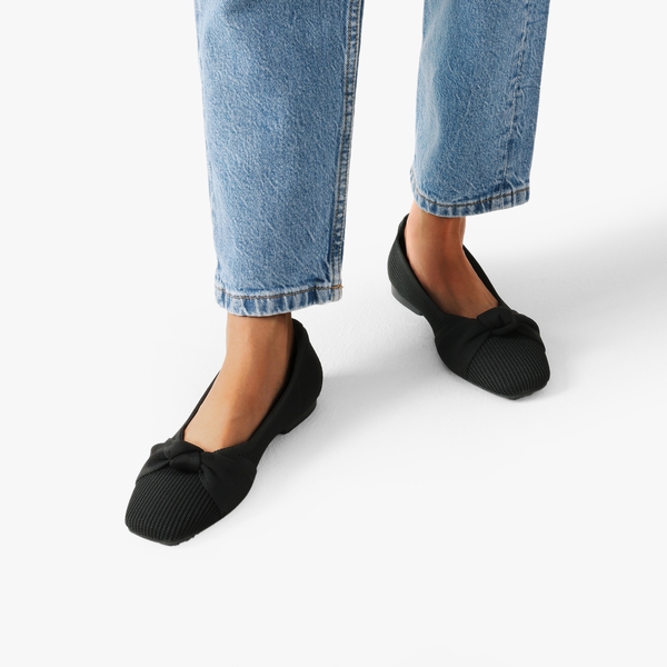  Elegant Square Toe Knit Bow Flats - BLACK - 1