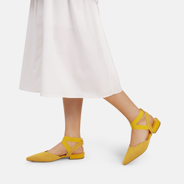 Ankle Strap Pointed Toe Flats With V-Cut Vamp - YELLOW - 1