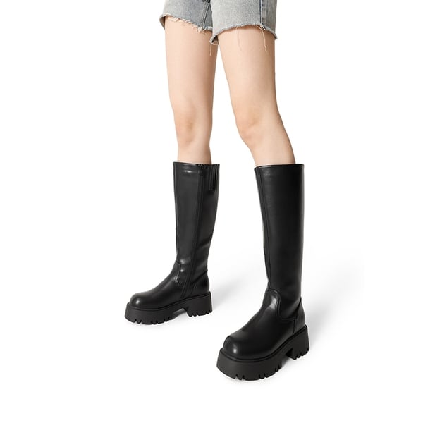 Platform Lug Sole Knee High Boots - BLACK - 1