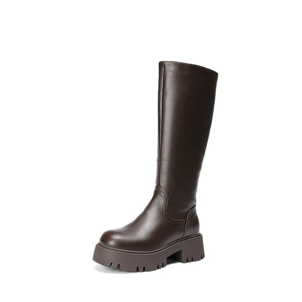 Platform Lug Sole Knee High Boots - BROWN -  0