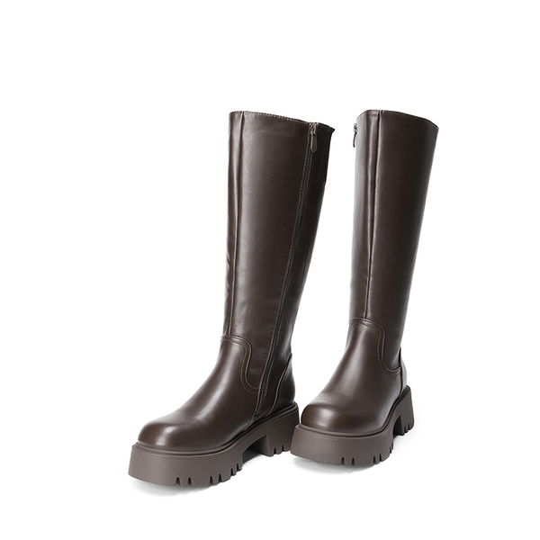 Platform Lug Sole Knee High Boots - BROWN - 3
