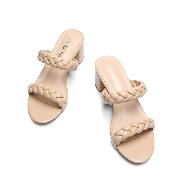 Braided Double-Strap Block Heel Sandals - NUDE - 4