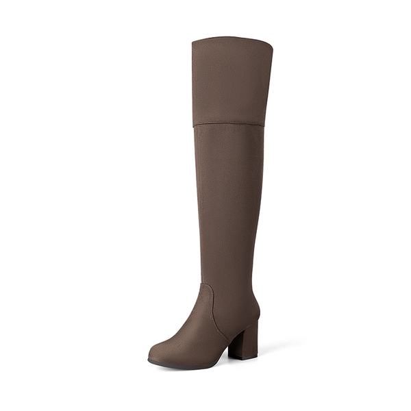Block Heel Suede Over The Knee Boots - KHAKI -  0
