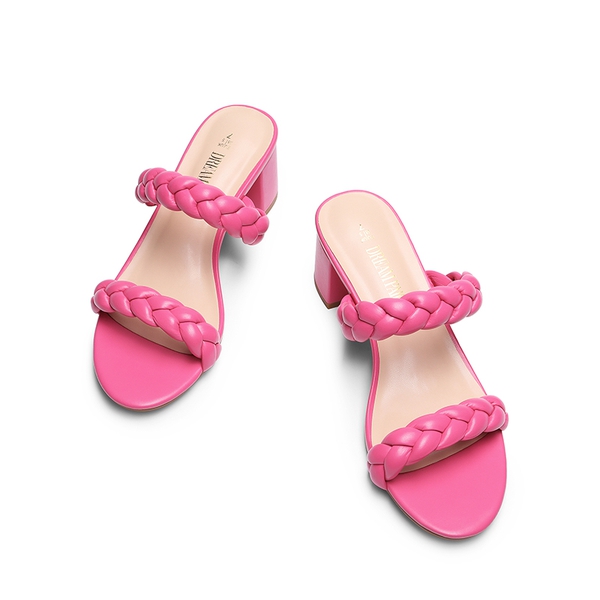 Braided Double-Strap Block Heel Sandals - HOT PINK - 4