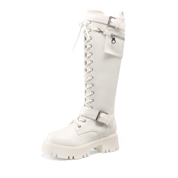 Lug Sole Platform Motorcycle Boots - WHITE -  0
