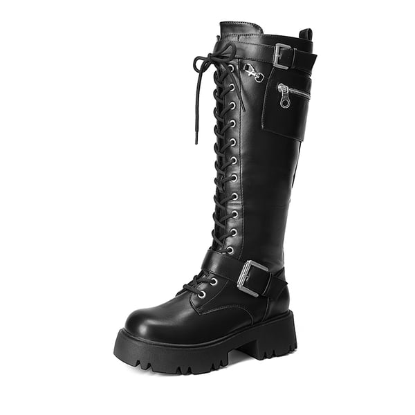 Lug Sole Platform Motorcycle Boots - BLACK -  0