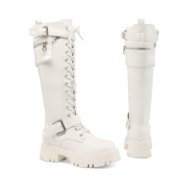 Lug Sole Platform Motorcycle Boots - WHITE - 4