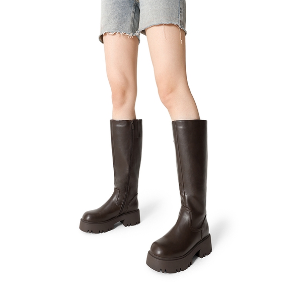 Platform Lug Sole Knee High Boots - BROWN - 1