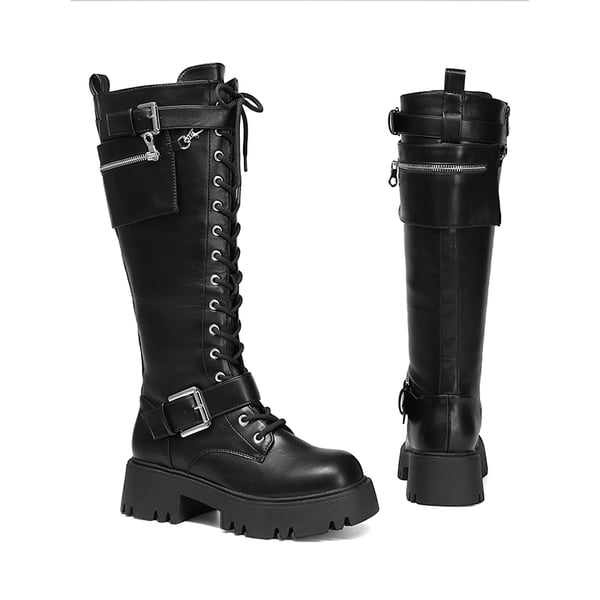 Lug Sole Platform Motorcycle Boots - BLACK - 4
