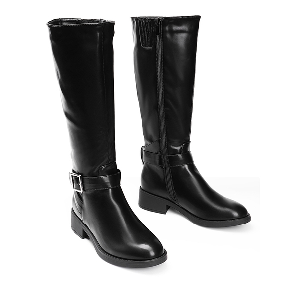 Side Zipper Knee High Riding Boots - BLACK-OIL SKIN - 3