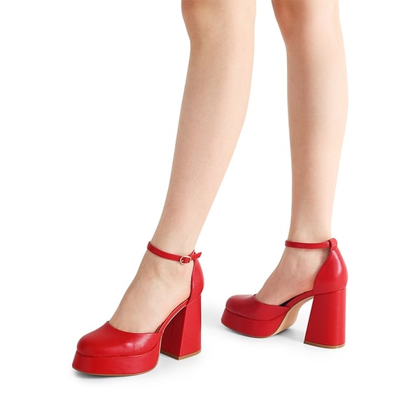 Platform Ankle Strap Chunky Pumps - RED-PU - 2