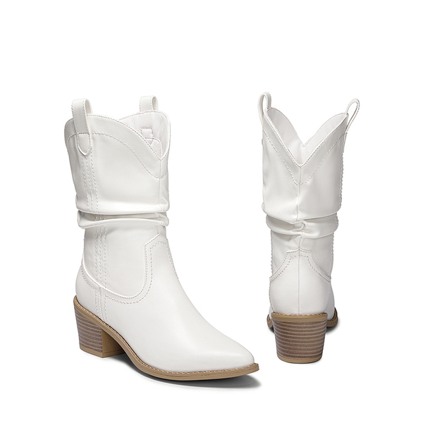 V-cut Cuff Mid Calf Cowboy Boots - WHITE - 5