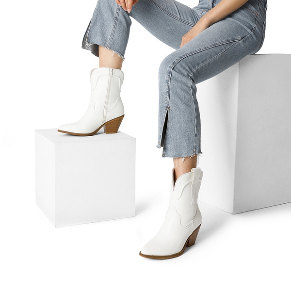 Pointed Toe Western Cowboy Mid Calf Boots - WHITE - 2