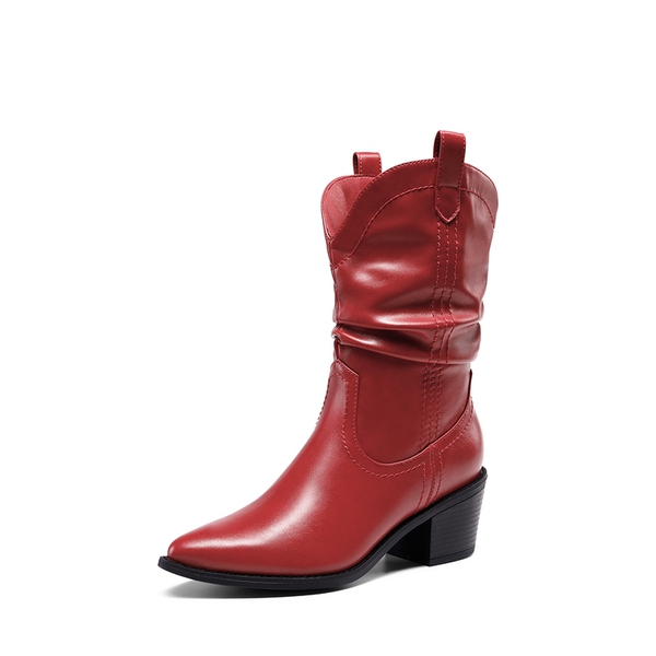 V-cut Cuff Mid Calf Cowboy Boots - RED -  0