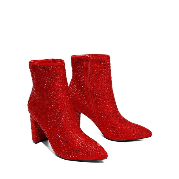 Rhinestone Chunky Heel Ankle Boots - RED - 6