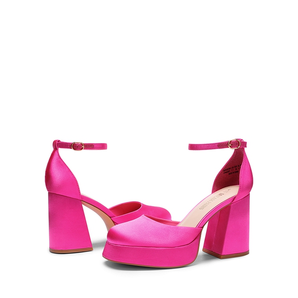 Platform Ankle Strap Chunky Pumps - HOT PINK-SATIN - 6