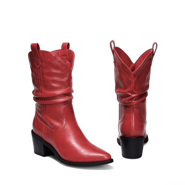 V-cut Cuff Mid Calf Cowboy Boots - RED - 4