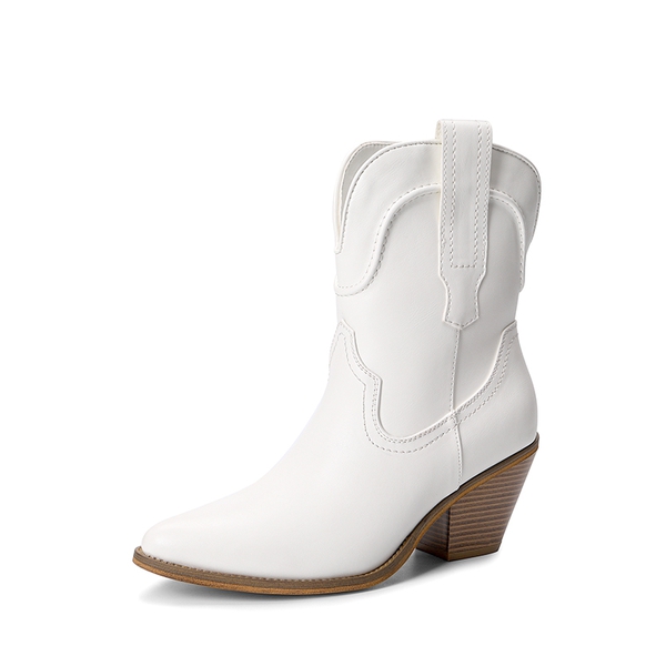 Pointed Toe Western Cowboy Mid Calf Boots - WHITE -  0