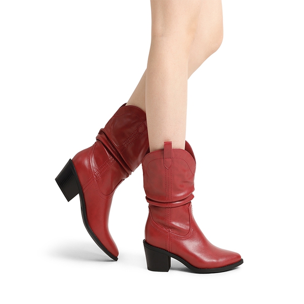 V-cut Cuff Mid Calf Cowboy Boots - RED - 1