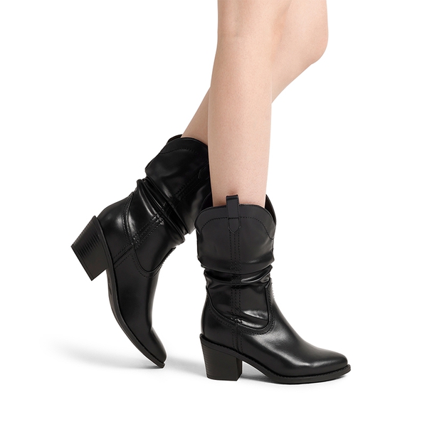 V-cut Cuff Mid Calf Cowboy Boots - BLACK - 1