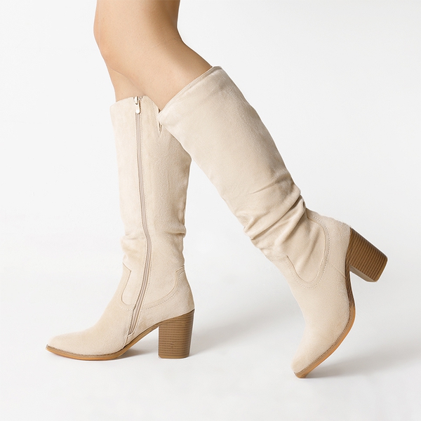  Suede Snip Toe Knee-High Riding Boots - BEIGE - 1