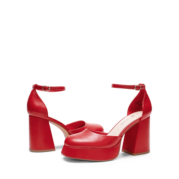 Platform Ankle Strap Chunky Pumps - RED-PU - 6