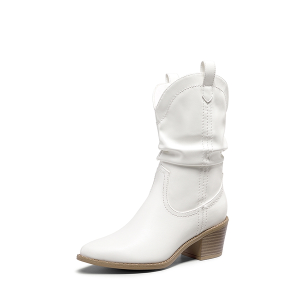 V-cut Cuff Mid Calf Cowboy Boots - WHITE -  0