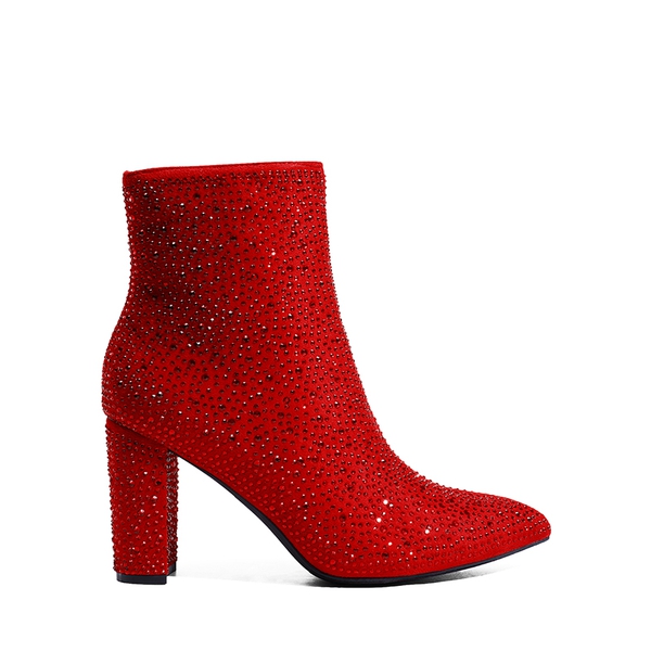 Rhinestone Chunky Heel Ankle Boots - RED - 3