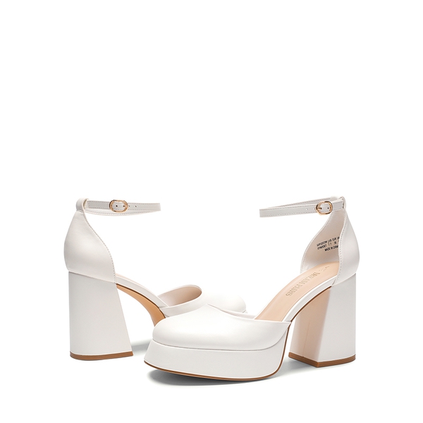 Platform Ankle Strap Chunky Pumps - WHITE-PU - 6
