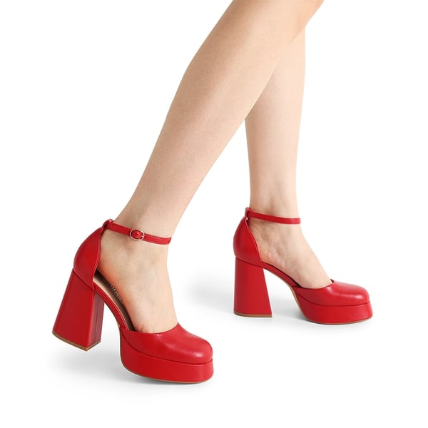 Platform Ankle Strap Chunky Pumps - RED-PU - 1