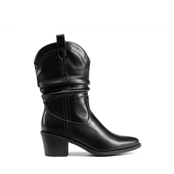 V-cut Cuff Mid Calf Cowboy Boots - BLACK - 3