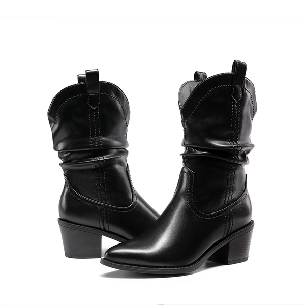 V-cut Cuff Mid Calf Cowboy Boots - BLACK - 6