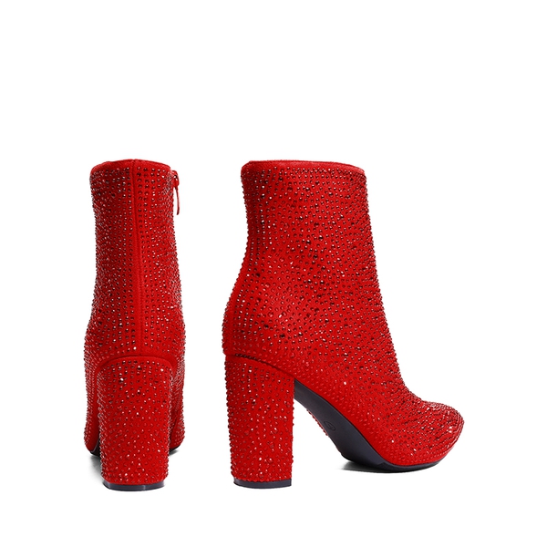 Rhinestone Chunky Heel Ankle Boots - RED - 5