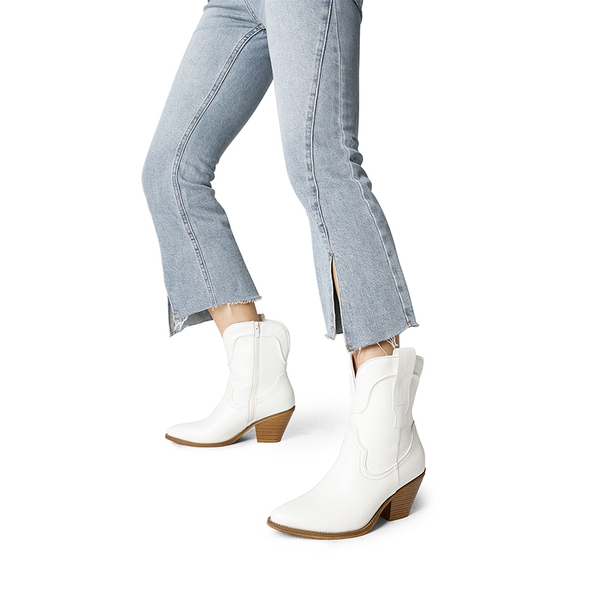 Pointed Toe Western Cowboy Mid Calf Boots - WHITE - 1