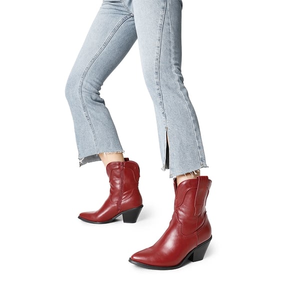 Pointed Toe Western Cowboy Mid Calf Boots - RED - 1
