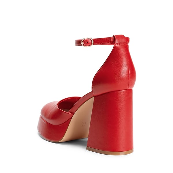 Platform Ankle Strap Chunky Pumps - RED-PU - 4