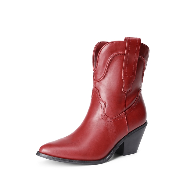 Pointed Toe Western Cowboy Mid Calf Boots - RED -  0
