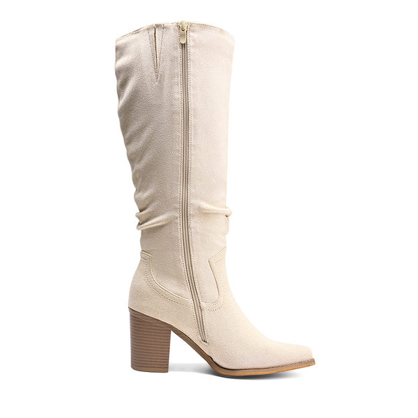  Suede Snip Toe Knee-High Riding Boots - BEIGE - 4