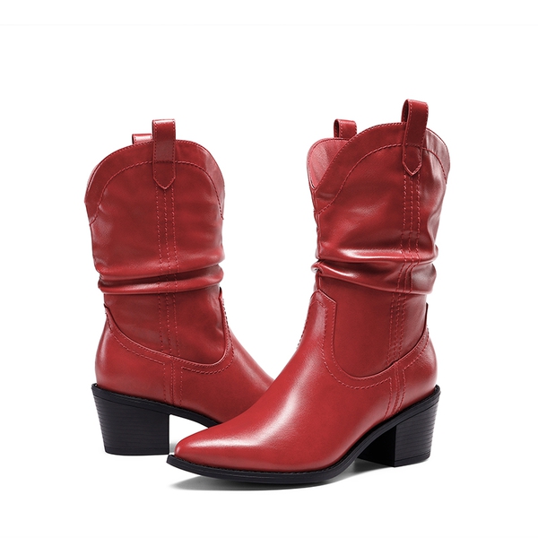 V-cut Cuff Mid Calf Cowboy Boots - RED - 6