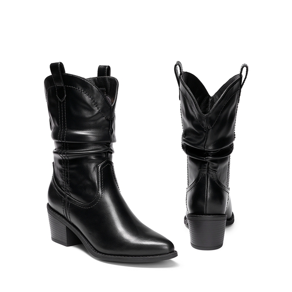 V-cut Cuff Mid Calf Cowboy Boots - BLACK - 4