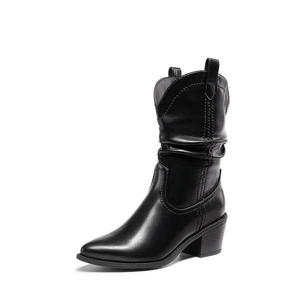 V-cut Cuff Mid Calf Cowboy Boots - BLACK -  0