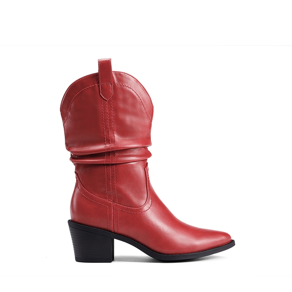 V-cut Cuff Mid Calf Cowboy Boots - RED - 3