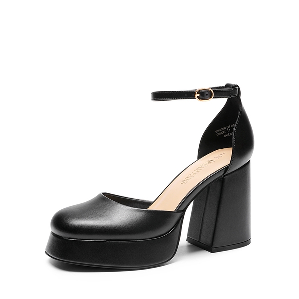 Platform Ankle Strap Chunky Pumps - BLACK-PU -  0