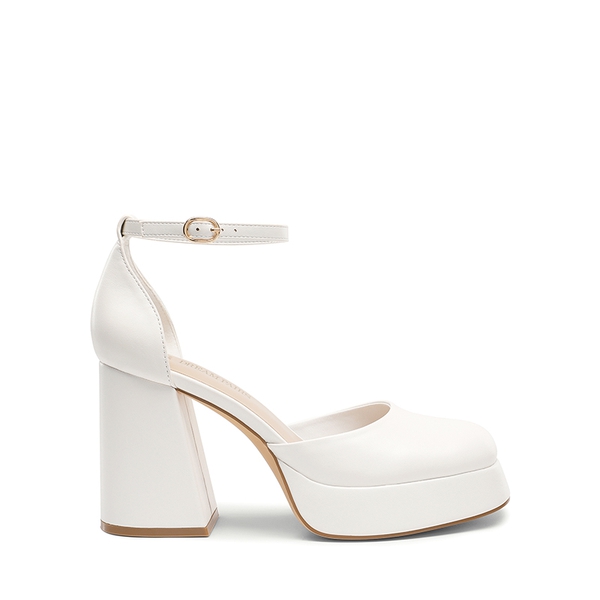 Platform Ankle Strap Chunky Pumps - WHITE-PU - 3
