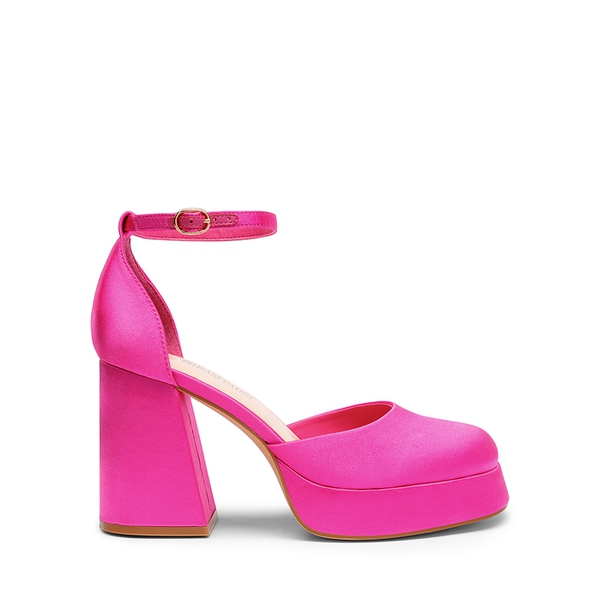 Platform Ankle Strap Chunky Pumps - HOT PINK-SATIN - 3