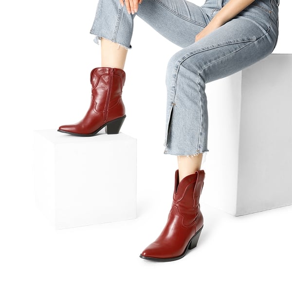 Pointed Toe Western Cowboy Mid Calf Boots - RED - 2