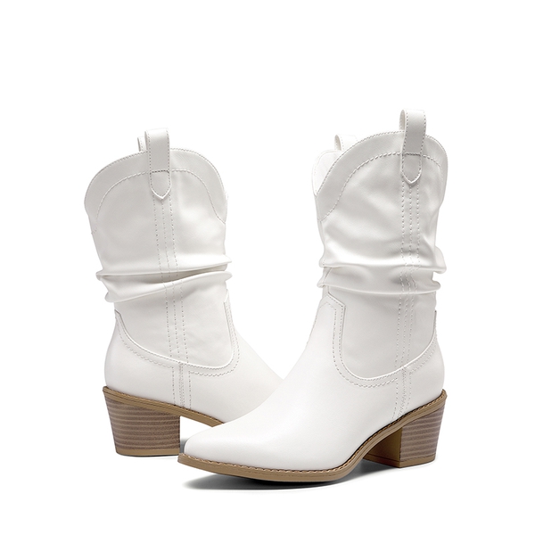 V-cut Cuff Mid Calf Cowboy Boots - WHITE - 7