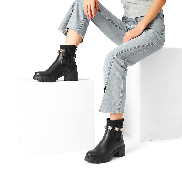 Removable Rhinestone Strap Chunky Chelsea Boots - BLACK - 3