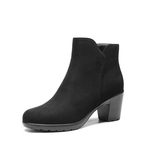 [Stand All Day Boots] Almond Toe Block Heel Ankle Booties - BLACK-SUEDE -  0